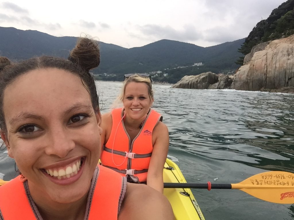 Two English language teachers in a canoe on a river in Korea