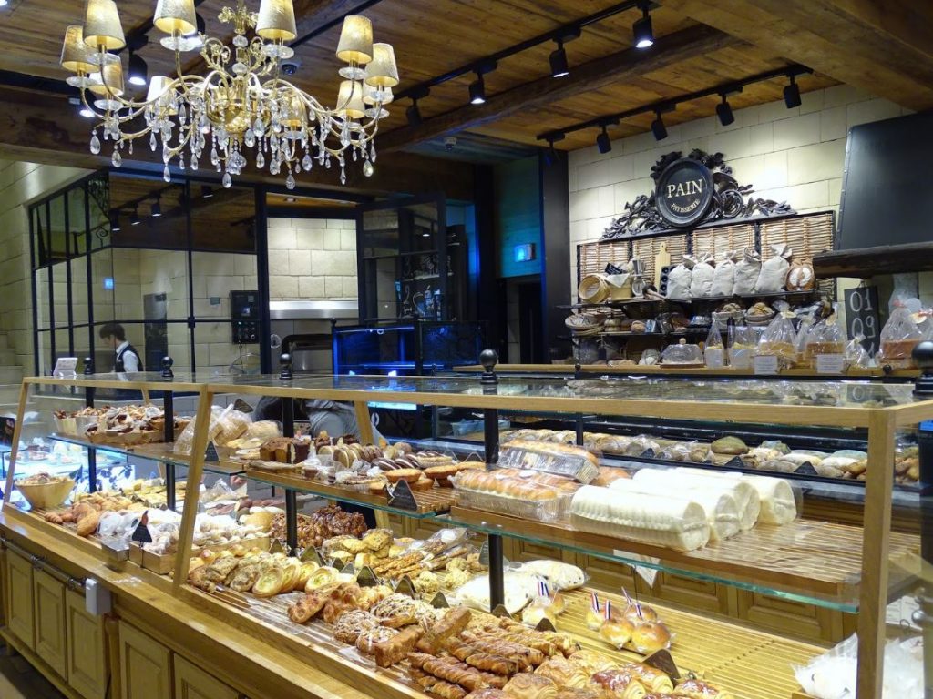 Baked goods on display at a cafe in Korea