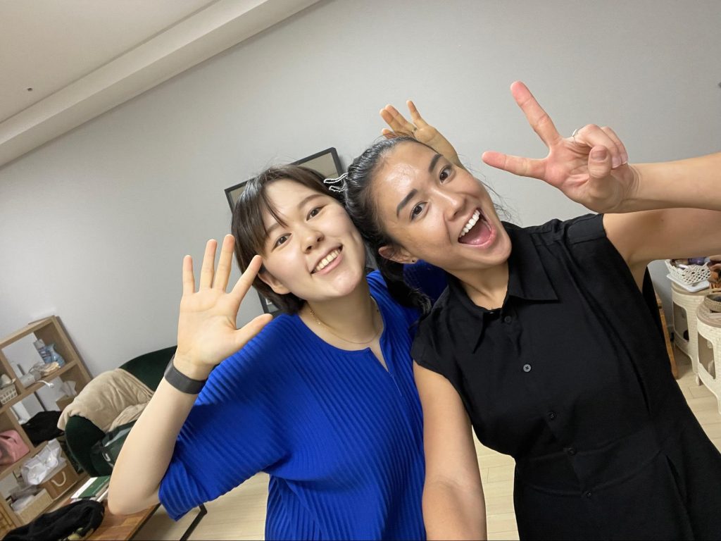 Two friends posing in Korean officetel