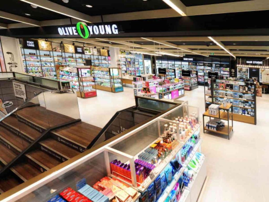 Inside of an Olive Young Health and Beauty store in Korea