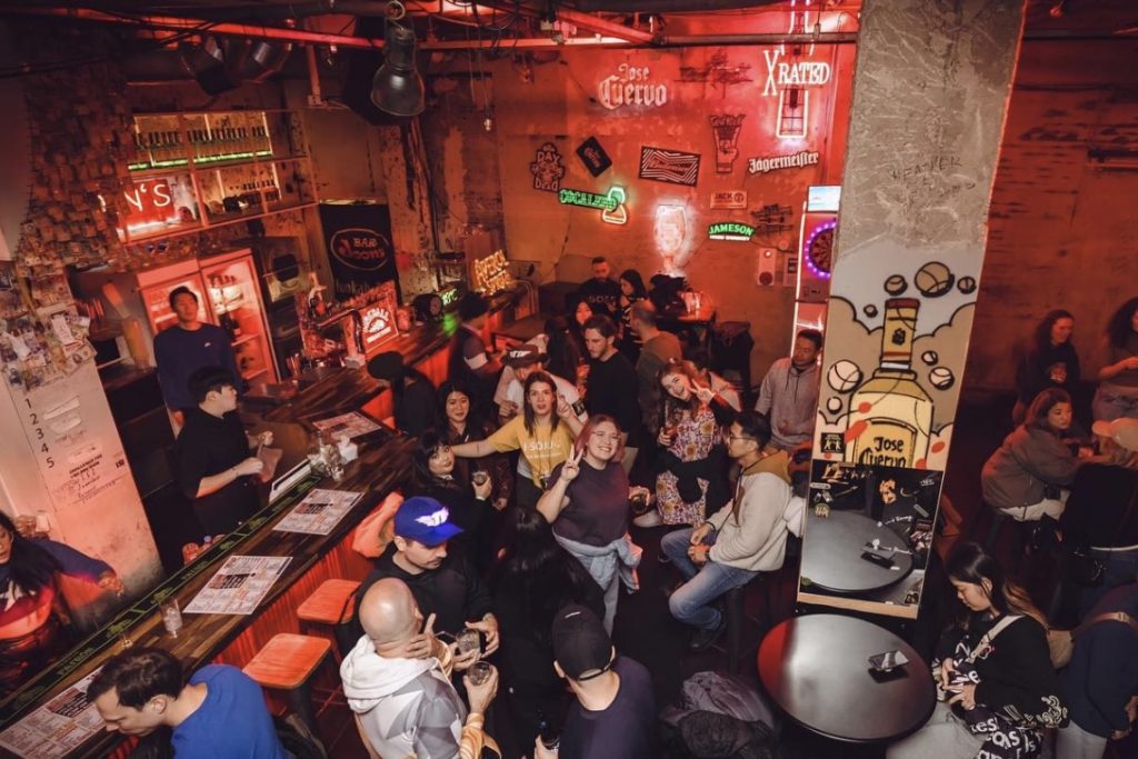 Aerial shot of a group of young foreigners at a bar in Korea