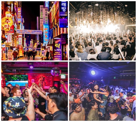 A college of people dancing at nightclubs and walking the city streets of Korea at night