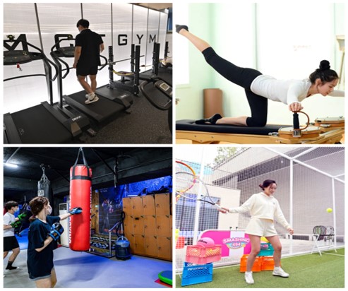 A college of people participating in physical activities like the gym, pilates, tennis, and a punching bag in Korea