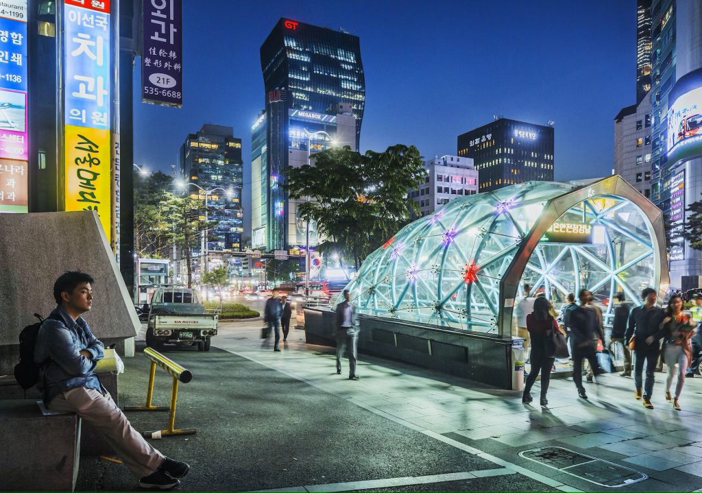 Outside of the Gangnam subway station in Seoul Korea at night