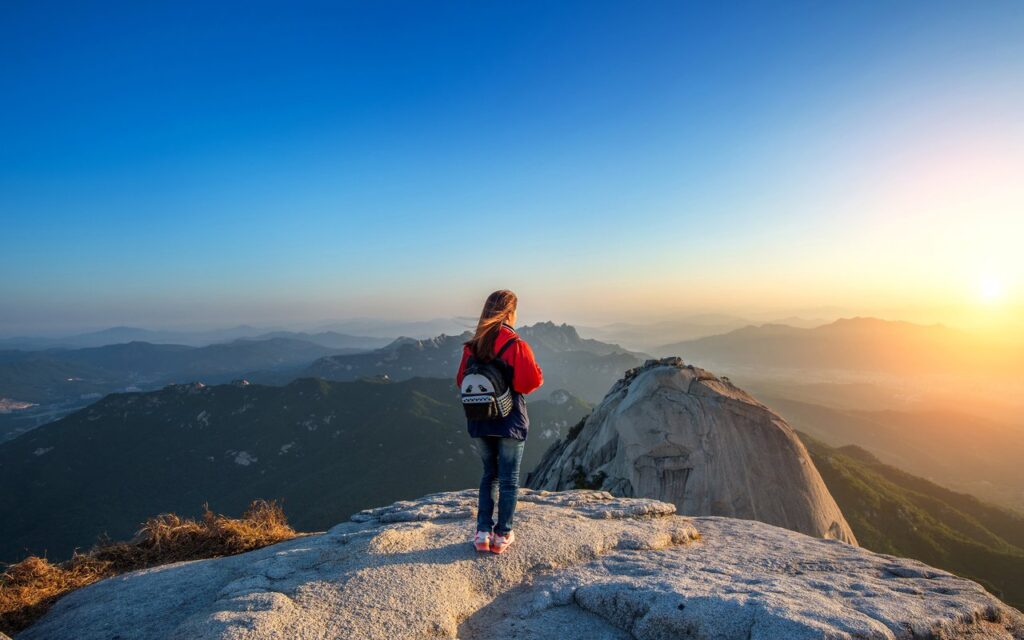 A female hiker overlooking Bukhansan National Park at its peak.