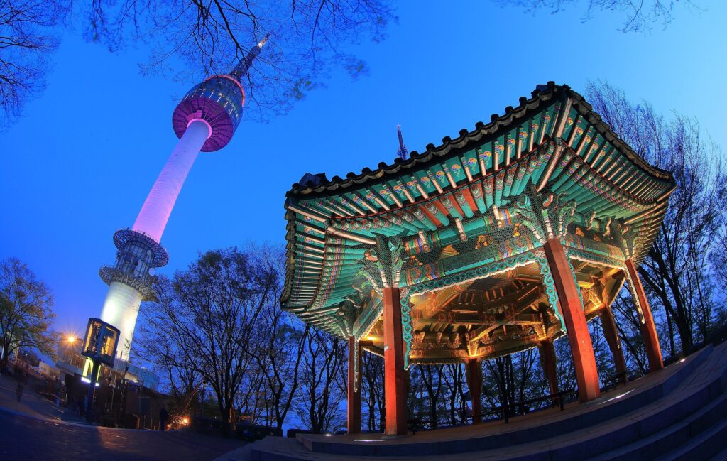 Night view of Seoul Tower with Pagoda in South Korea