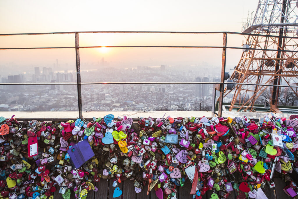 "Love locks" hung on the wall at the top of Seoul Tower in Korea.