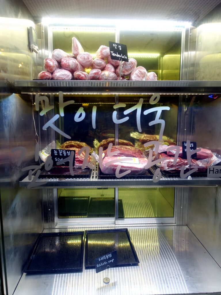 A case displaying wet aged beef to be grilled at a Korean BBQ restaurant in Seoul