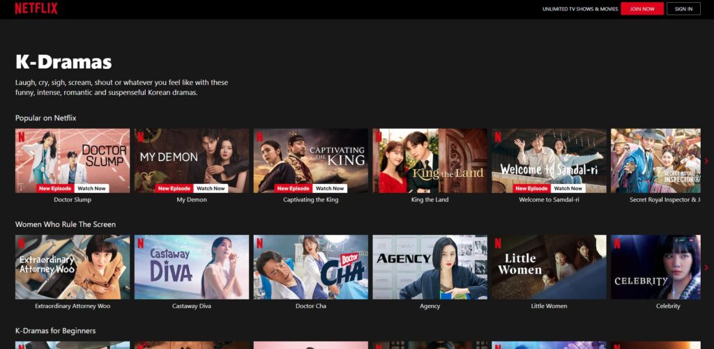 Front page of the netflix homepage for Korean dramas.