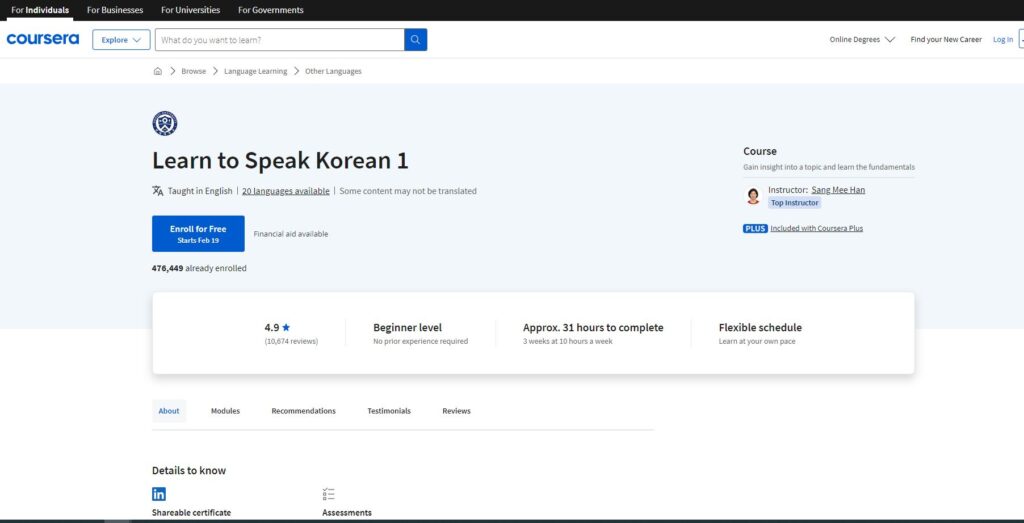 front page of a free course to learn Korean language through Coursera.