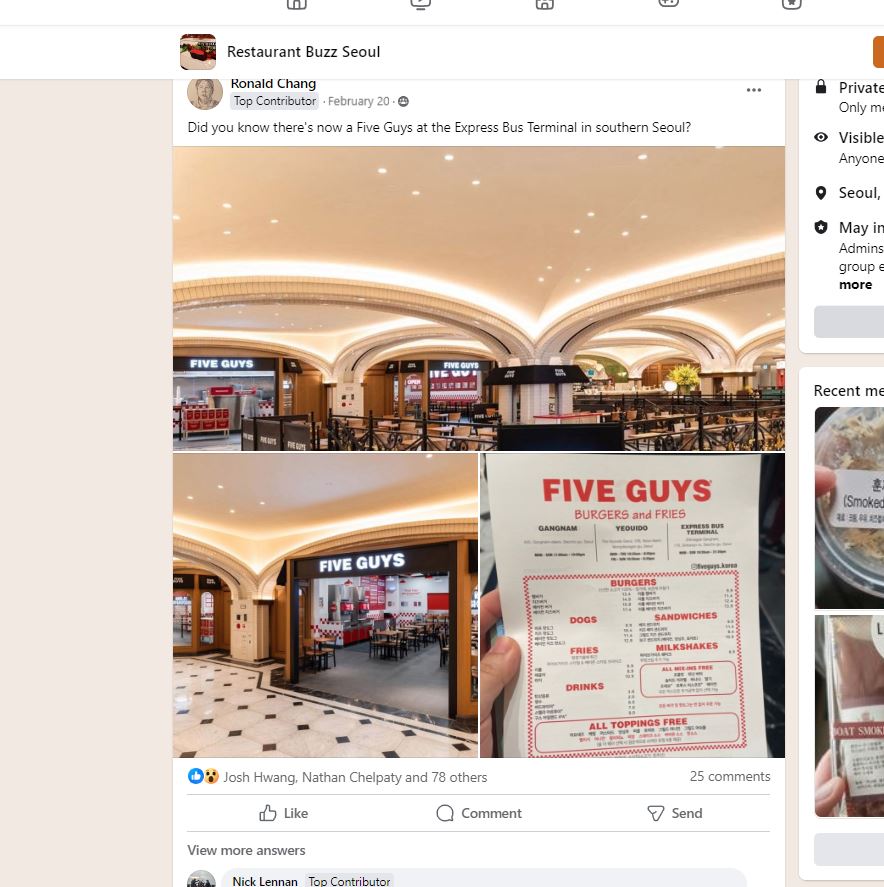 Facebook group restaurant buzz seoul highlighting Five guys restaurant