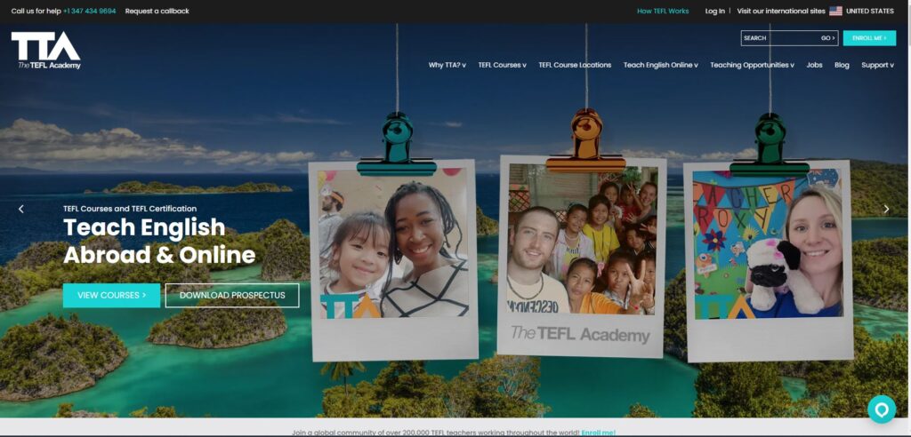 Front page of the TEFL Academy's homepage.