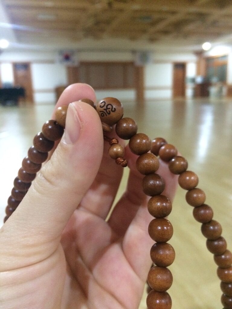 Buddhist beads that were made by a visitor on a temple stay in Korea