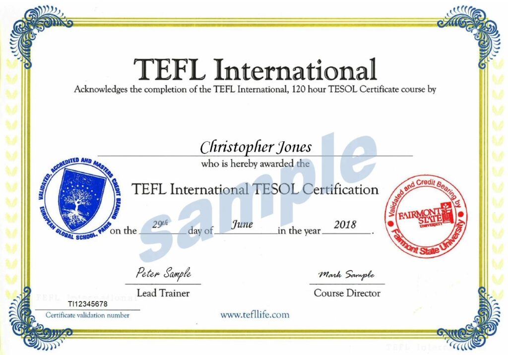 A sample TEFL certificate for English Teachers